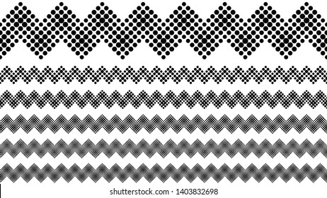 Repeating geometrical dotted pattern divider line set - black and white abstract vector graphic elements