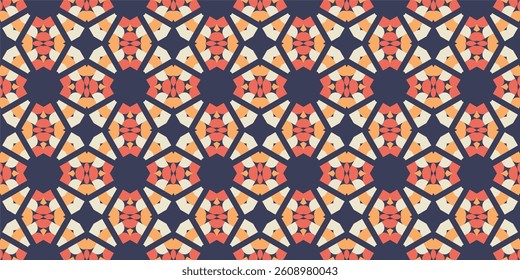 A repeating geometry-inspired pattern featuring interlocking star-like shapes in navy, peach, and cream tones, forming a symmetrical, kaleidoscopic design.