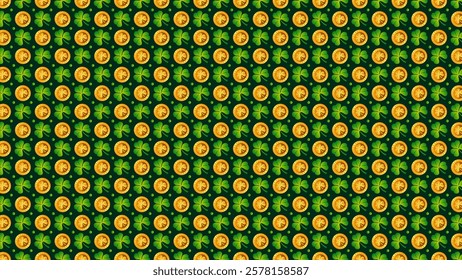 Repeating golden coins and green three-leaf clovers on a dark green background representing luck and prosperity. Each coin and clover is carefully detailed, adding a touch of elegance