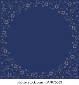 Repeating golden stars silhouette pattern on the blue background. Border frame with space for text. Christmas and Happy New Year symbol concept vector illustration