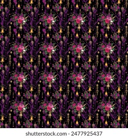 Repeating gothic pattern of golden skulls with a purple background, For printing, bed linen, clothes, textile, halloween