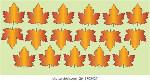 Repetindo folhas de bordo gradiente em tons de outono quente em um fundo verde suave. Palavras-chave: outono, bordo, folha, padrão, gradiente.