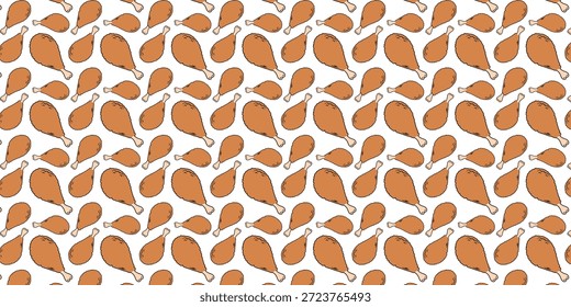 Um gráfico repetitivo com baquetas de frango estilizadas, marrom-douradas, em uma superfície branca. Ideal para planos de fundo relacionados à comida, temas culinários ou designs de menus.
