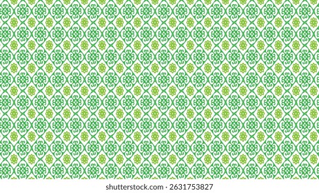 Repeating green pattern displaying intricate floral and geometric shapes on a white background