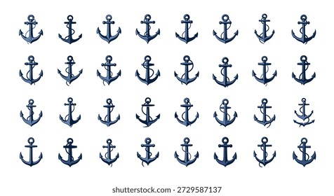 Patrón de rejilla de repetición de anclas náuticas de color azul oscuro con cuerdas sobre un fondo blanco para proyectos de diseño de temática marina.