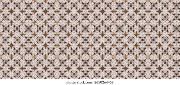 Repeating Grid Pattern of Intricate Floral-Like Motifs with Cross-Shaped and Radiating Elements in Dark Brown and Beige on Light Background with Subtle Mosaic Texture and Tiling Effect