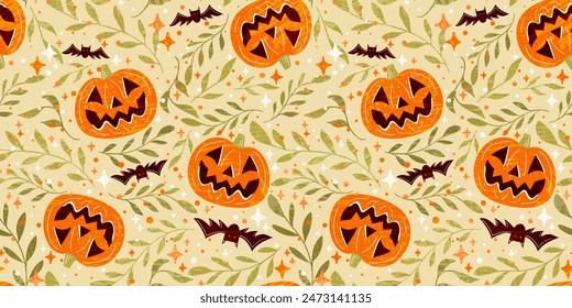 Ein sich wiederholendes Halloween nahtloses Vektorgrafik-Muster aus geschnitzten Jack-o-Lantern-Kürbisgesichtern mit zahnigen Grinsen, zusammen mit kastanienbraunen Fledermaus-Silhouetten und wirbelnden grünen Zweigen auf einer beigen Kulisse.