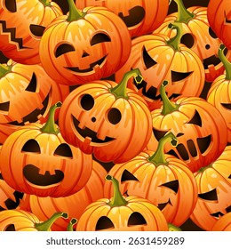 Repeating Halloween seamless vector pattern. Pumpkins with funny, smiling, creepy faces