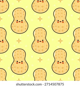 Repeating happy peanut characters with smiling faces, surrounded by subtle hearts and stars, creating a cheerful, sweet, and fun cartoon food pattern on a light yellow background