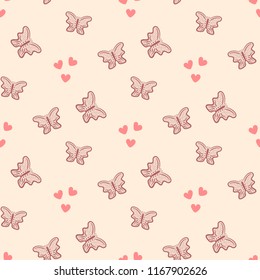 Repeating hearts and abstract butterflies drawn by hand. Feminine seamless pattern. Vector illustration. Brown, red, beige.