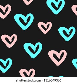 Repeating hearts drawn by hand with a rough brush. Romantic seamless pattern. Grunge, sketch, watercolour, paint. Black, pink, turquoise. Vector illustration.