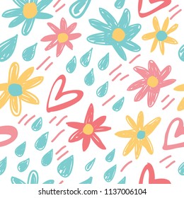 Repeating hearts and flowers drawn by hand. Cute floral seamless pattern. Endless girlish print. Girly vector illustration.

