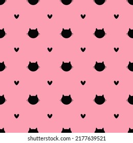 Repeating hearts and silhouettes of cat heads. Cute seamless pattern. Simple vector illustration.