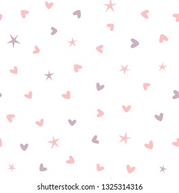 Repeating hearts and stars. Cute seamless pattern. Vector illustration. Romantic pastel print. White, pink, purple.