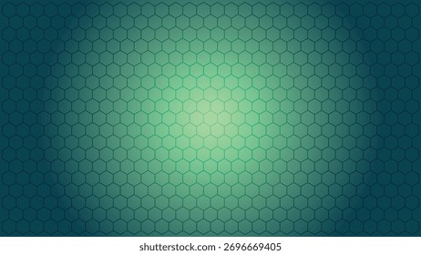 Um padrão de grade hexagonal repetida com um gradiente de azul escuro a verde brilhante iluminado por um efeito de luz de spot central   
