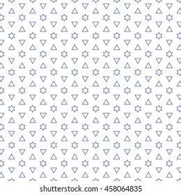 Repeating Hexagram and Triangles Based Pattern Wallpaper - Blue Outlined Elements on White Background - Flat Color Graphic