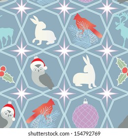 Repeating holiday background with Christmas ornaments and wildlife