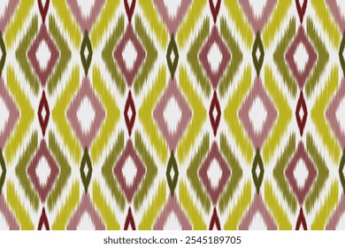  A repeating ikat pattern with diamond shapes in shades of green and purple on a white background, creating a subtle and elegant design.