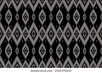 Un patrón ikat repetitivo con Formas de diamantes en tonos de gris y acentos rosados sobre un fondo negro, creando un diseño sutil y sofisticado.