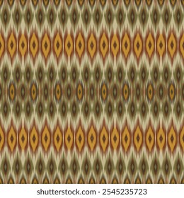  A repeating ikat pattern with diamond shapes and intricate details in shades of brown and gold, creating a warm and textured design.