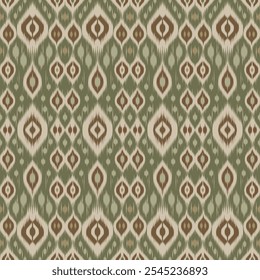  A repeating ikat pattern with ogee shapes and intricate details in shades of green and brown, creating a subtle and textured design.