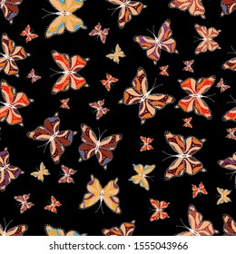 Repeating insect fabric clipart for garments. Flying butterfly linen theme Vector. Simple feminine pattern for invitation, print. Contrast seamless butterfly cloth template on brown, black and beige.