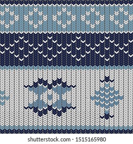 Repeating Knitted Seasonal Background with National Ukrainian Embroidery. White & Blue Colors. Vector Illustration