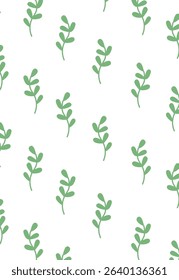 Repeating leafy branches in a seamless pattern with a clean style. Small plant motifs are scattered evenly across a plain background. Cartoon vector illustration.