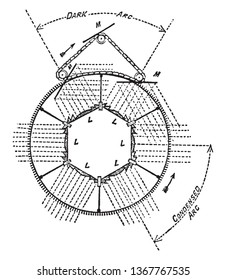 Luz de repetición en la que los espejos del plano M giran sobre una cadena interminable colocada fuera del aparato y alteran la dirección de los destellos después de que pasan por el arco oscuro, dibujo de línea vintage