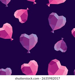 Repeating love balloon motif in low-poly style, with floating polygon hearts on navy backdrop, ideal for trendy digital or textile applications