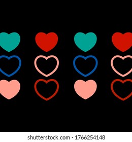 Repeating Love Pattern with Colorful Heart Icons on Black Background. Vector Illustration