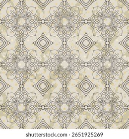 Repeating Mandala Pattern in beige and gray for spiritual or elegant backgrounds. Vector seamless border in Victorian style. Vector, illustration
