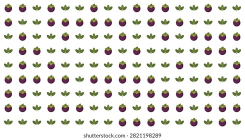 repeating mangosteen fruit with dark purple skin and green leaves arranged in neat rows on a plain white background for seamless use
