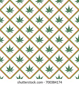 Repeating Marijuana Leaf of Cannabis Indica Plant with Rastafarian Ethiopian Flag Colors Interlaced Stripes Seamless Pattern Wallpaper - Green Red and Yellow on White Background - Vector Flat Design