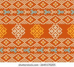 Repeating medallion-style ikat motifs in soft golden and orange tones, evoking warmth and craftsmanship.