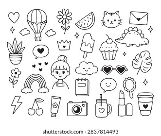 Repeating monochrome doodle outline illustrations arranged as seamless tile, featuring hot air balloon, cat face, dinosaur, cupcake, rainbow, hearts, stars, notebook, camera, and coffee cup for