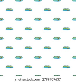 Repeating mountain lakes with small boats creating a seamless pattern
