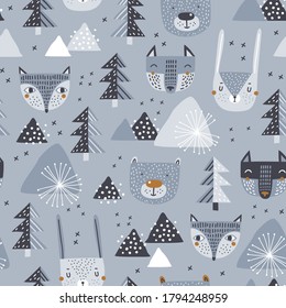 A repeating mountain landscape. Cute background with mountains, animals and trees. Vector Childish background.