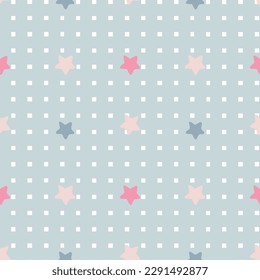 Repetiendo estrellas multicolores sobre un patrón a cuadros. Un entorno romántico y sin fisuras. Impresión para imprimir, camisetas y textiles. Papel envuelto.