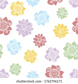 Repeating  multicoloured vector floral pattern in muted red, yellow, lilac and green. Scattered and isolated flowers make this a pretty and light design, perfect for summer. Decorative and simple