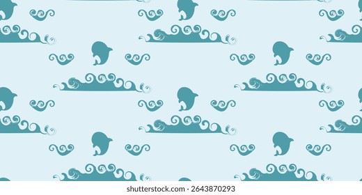 Repeating ocean themed pattern with stylized waves and dolphin silhouettes, perfect for kids, beach, or nautical designs. Vector art