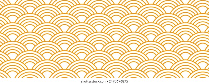 Repeating orange arch shapes. Suns wallpaper. Japanese seigaiha pattern. Waves background. Scallops print. Fish squama or dragon scale. Geometric ornament with round shapes. Vector flat illustration.