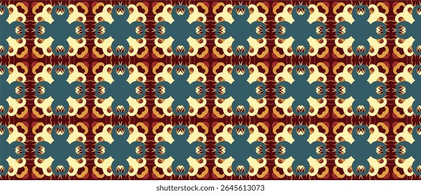 Um padrão ornamental repetitivo de quatro medalhões lobed azul-petróleo com sotaques escalopados creme definidos contra um fundo de grade borgonha.