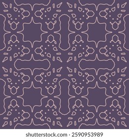 Repeating ornate pattern. Dark purple background. Light pink outlines. Symmetrical design. Intricate details. Vintage aesthetic. Decorative art. Textile design. Seamless arabic pattern. Modern style. 