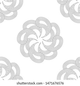 Repeating outlined abstract flower arabesque illustration wallpaper. Leaf elements in radial composition background. Black and white rossete ornament pattern. Texture print for textile, fabric.