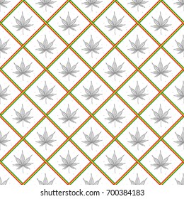 Repeating Outlined Marijuana Leaf of Cannabis Indica Plant with Rastafarian Ethiopian Flag Colors Interlaced Stripes Seamless Pattern Wallpaper - Black on White Background - Vector Flat Graphic Design