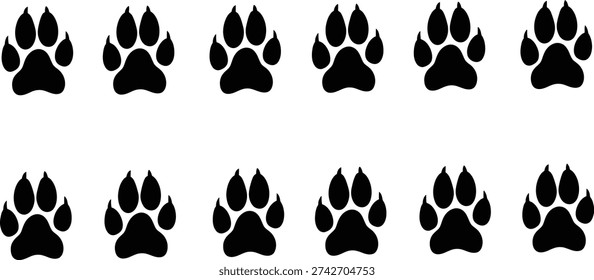 A repeating pattern of 12 black bear paw prints on a plain white background