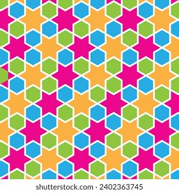 Repeating Pattern of Abstract Colorful Star and Hexagon Vector Background