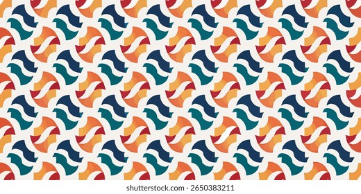 A repeating pattern of abstract, curved shapes with gradient fills in orange, teal, and navy blue, set against a neutral cream background.