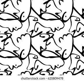 Repeating pattern with Abstract curvy shapes black on white with dots.Hand drawn with ink monochrome seamless background. 